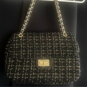 Karl Lagerfeld Black and Gold Tweed Shoulder Bag.